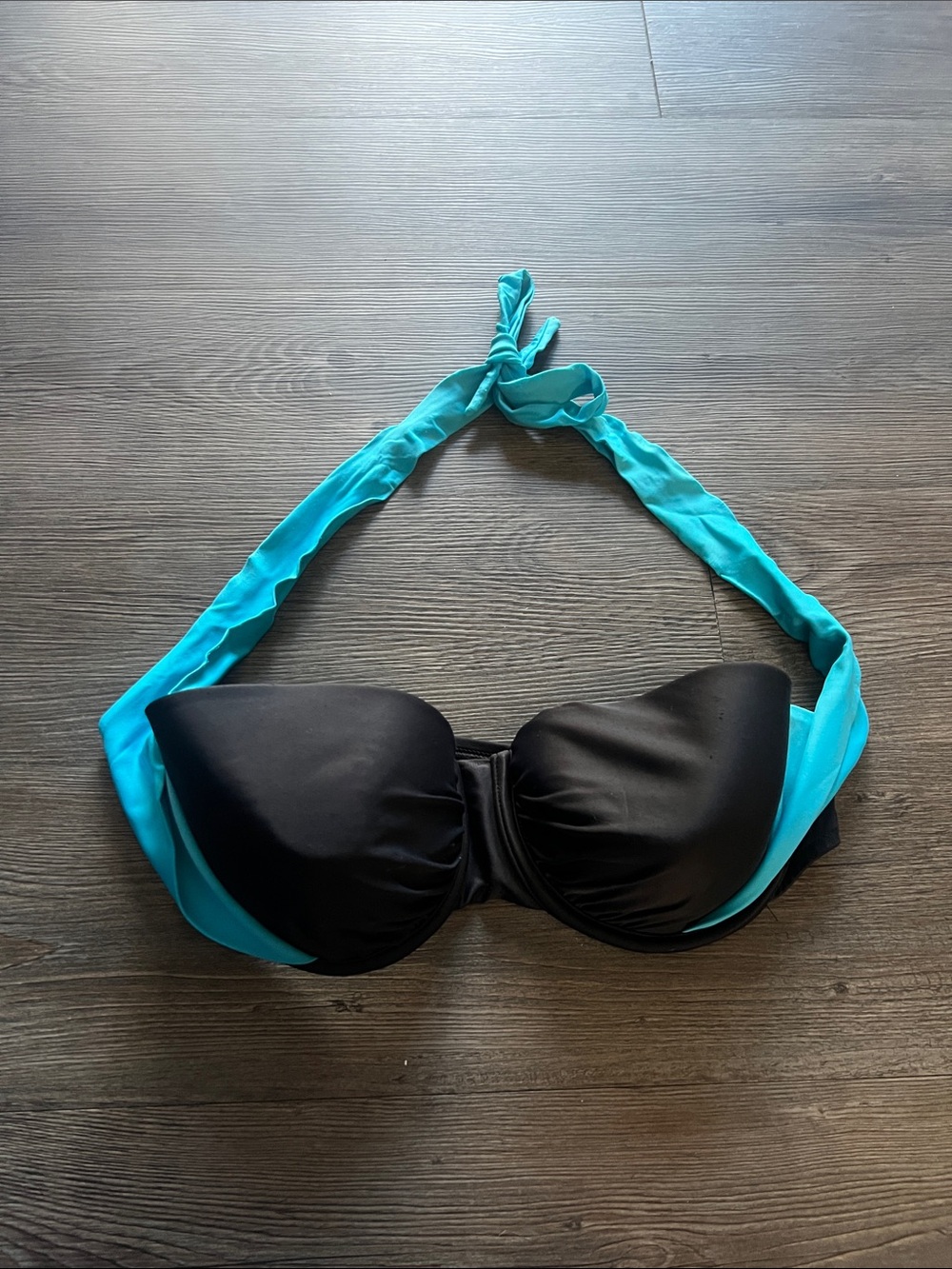 VENUS Black and Turquoise Bandeau Bikini Top with Tie - Picture 2 of 3